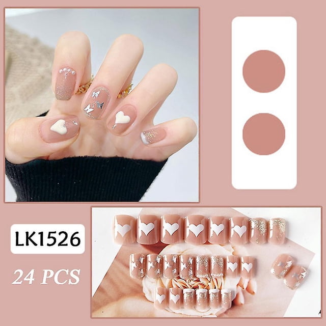 24 uñas postizas desnudas brillantes con purpurina y perlas en forma de corazón para mujeres y niñas