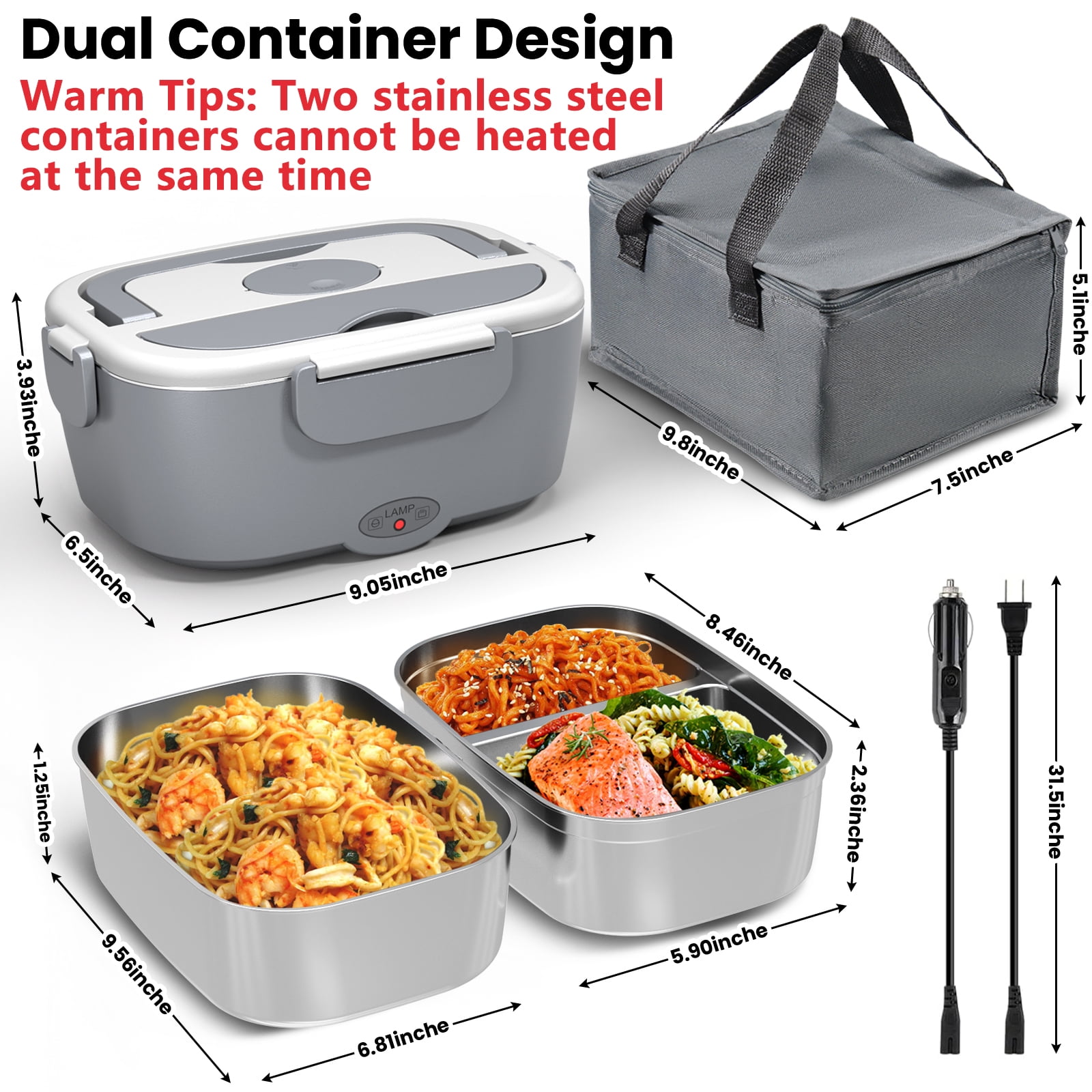 Sitlais Electric Lunch Box Food Heater for Work - 12V/24V/110-220V Food Warmer for Car Truck Outdoor with 2 Packs Stainless Steel Containers Potable Heating lunch Box for Adults Camping(grey)