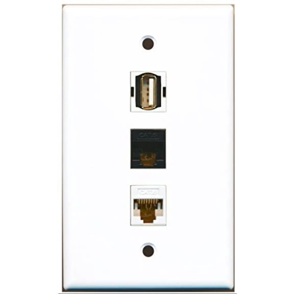 RiteAV - 1 Port USB A-A and 1 Port Cat6 Ethernet White and 1 Port Cat6 Ethernet Black Wall Plate