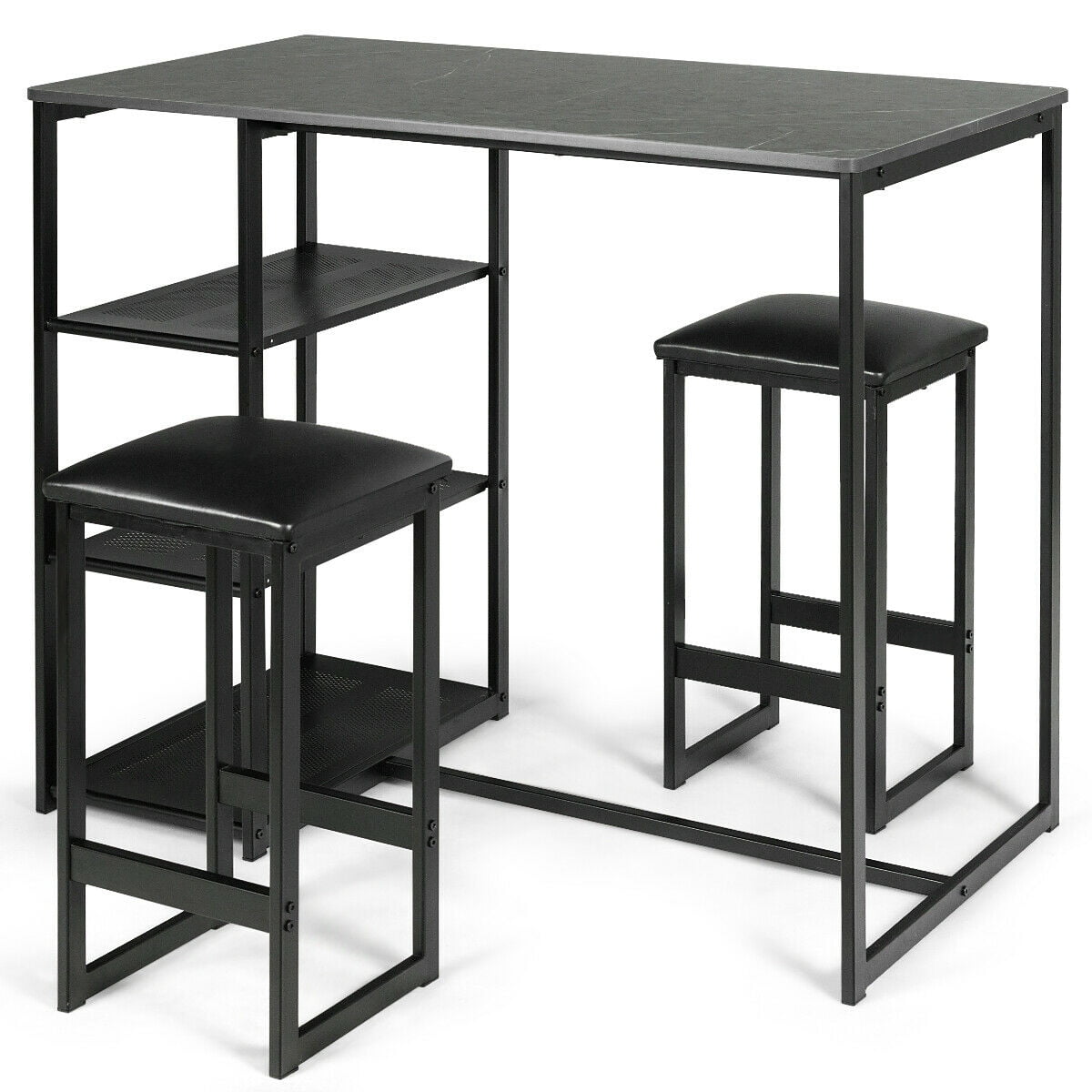 3 Piece Pub Set w// Faux Marble Top Bar Table and 2 Stools Dining Set Industrial