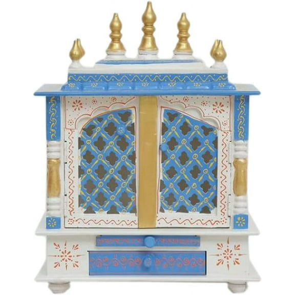 JODHPUR HANDICRAFTS MDF Wood Home Temple (18 inch x 12 inch x 24 inch, White & Blue)