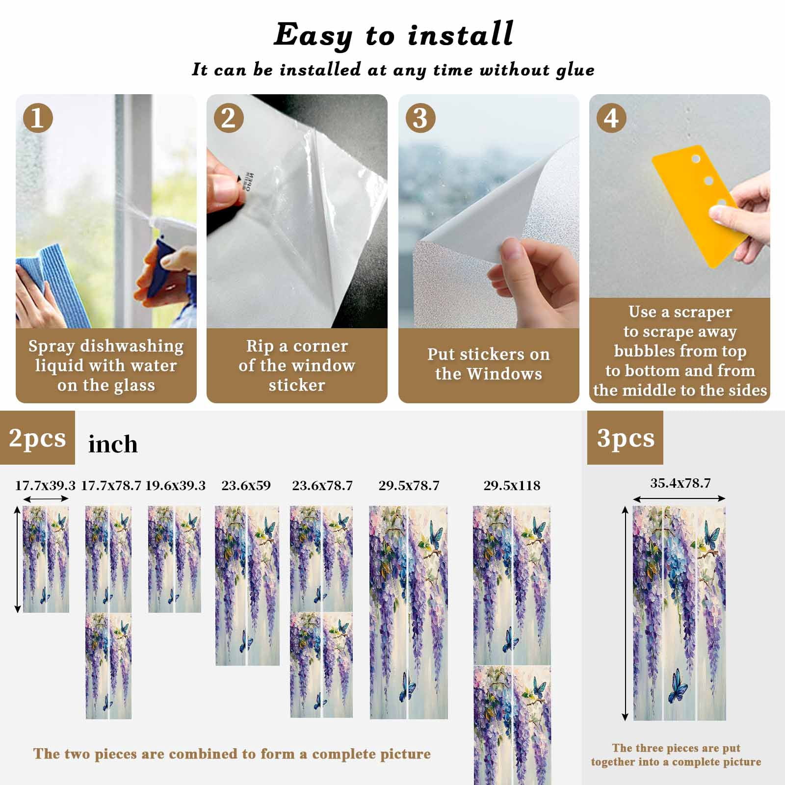Purple Lavender Window Privacy Film, Butterfly Flower Abstract Brush Artwork Static Cling UV Sun Blocking Tint Film Heat Control Windows Films for Bedroom Bathroom, Window Stickers 35.4"x78.7"