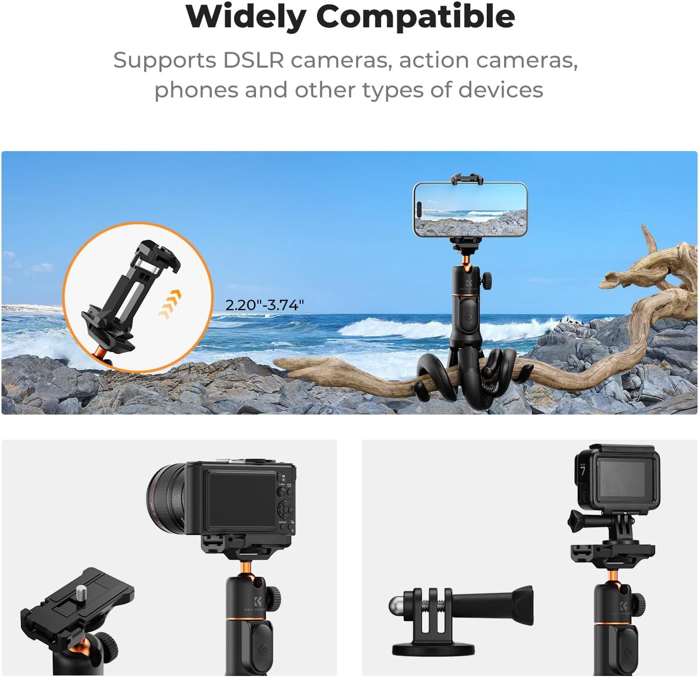 K&F Concept Phone Tripod, Extendable Flexible Tripod with Remote 24in Small Tripod, Mini Tripod, Max Load 4.4lb for Phone 16 15 14 Pro Max XS Max X 8 Samsung CO NIK SNE