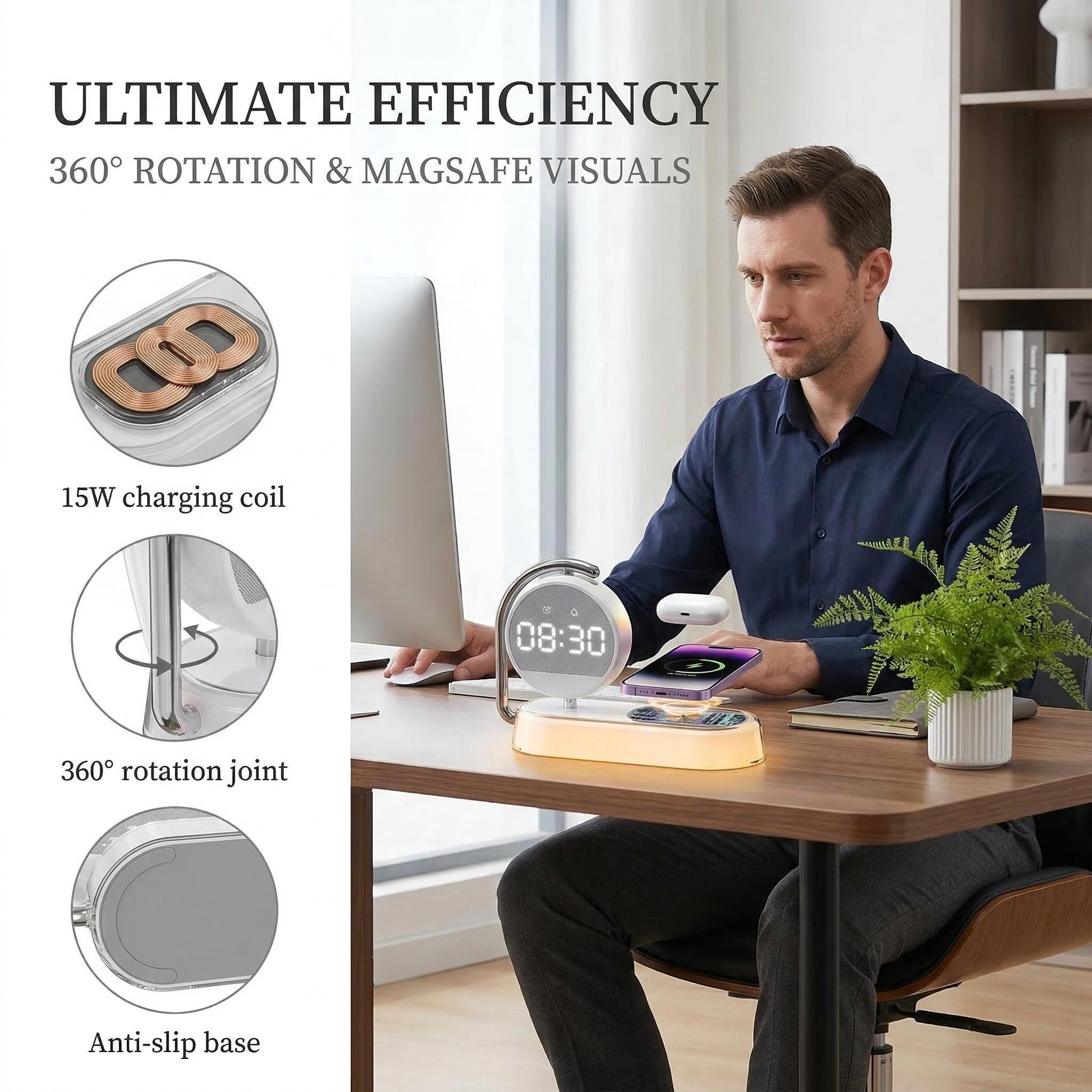 Wireless Charging Alarm Clock: 5-in-1 with 15W Fast Wireless Charger, 360° Rotatable Display, Touch-Dimmable Night Light. USB-C Powered, Safe for Bedroom/Office.