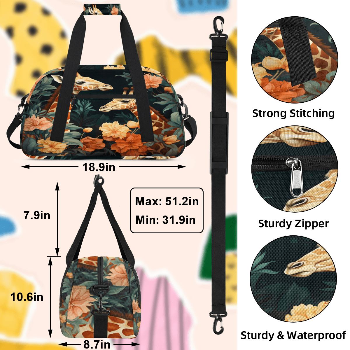 Herdesigns Giraffe Sports Duffle Bag for Women & Men, Animal Theme Gym Bag Dance Bag Overnight Bag Carry On Weekender Travel Bag