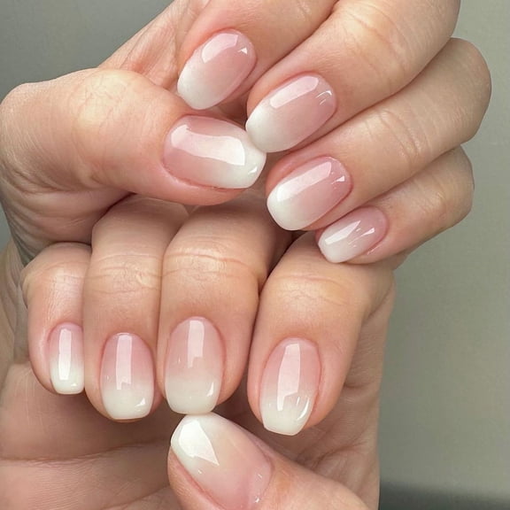 Minimalist Short Nails, Simple Gradient Nude Pink & White Press-On Nails, Short Square Reusable Nail Tips