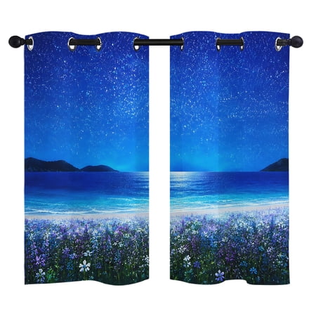 Starry Sky Blackout Curtains 39 Inches Long Beach Night Floral Wildflower Field Moonlight Thermal Insulated Room Darkening Drapes with Grommets for Living Room 27.5 W x 39 L 2 Panels