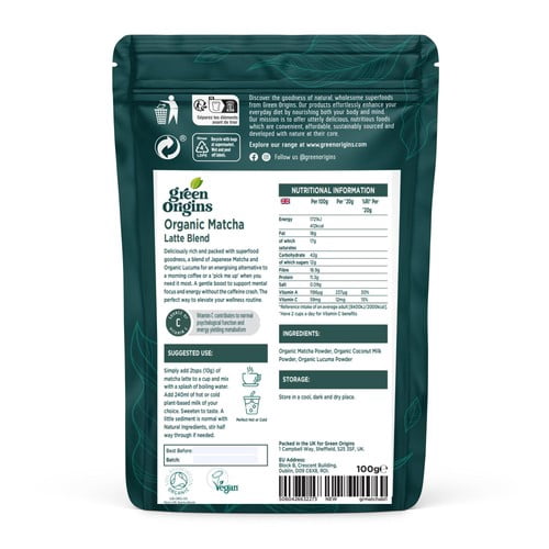 Green Origins Organic Super Japanese Matcha Latte Blend 100g, British Import (Pack of 2)