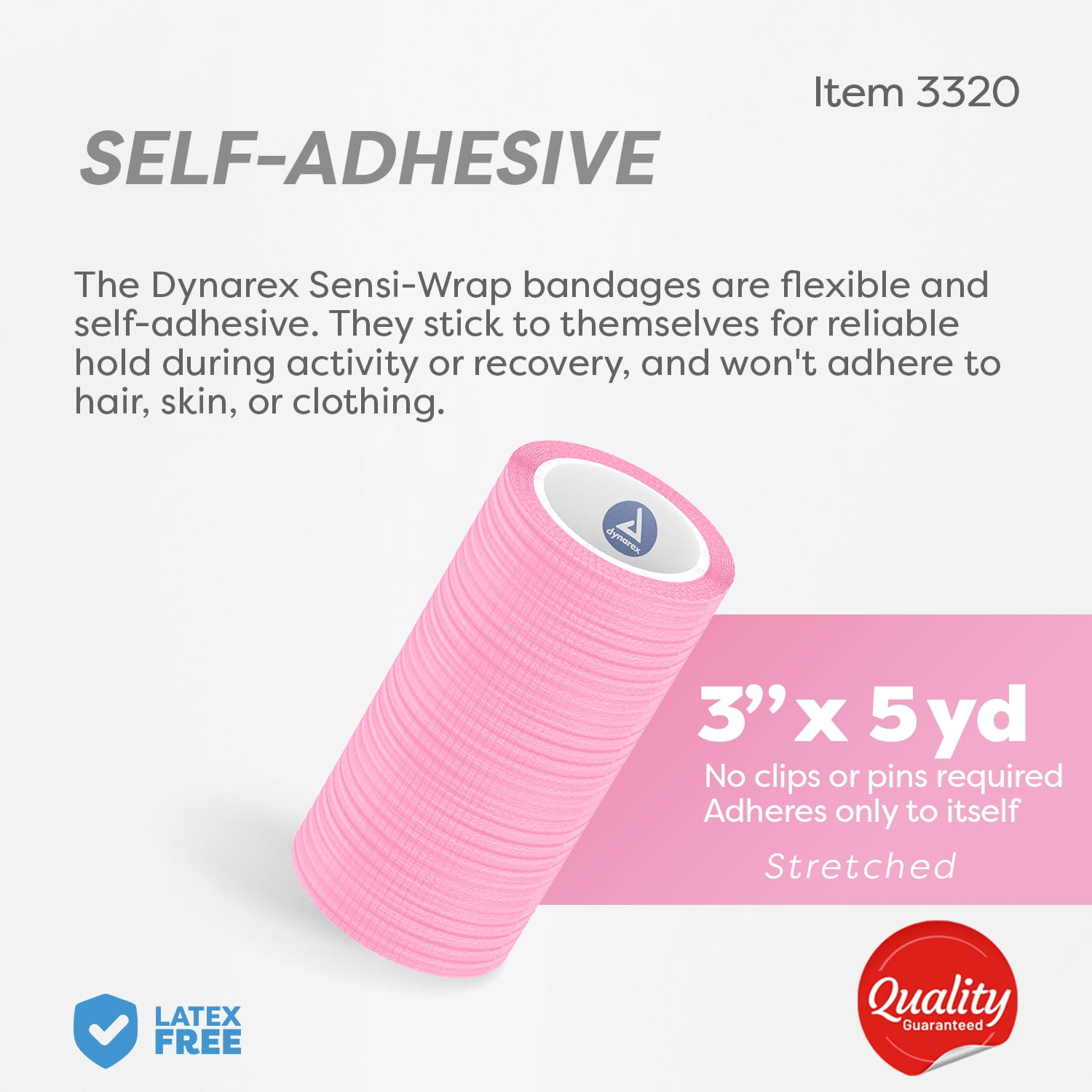Dynarex Sensi-Wrap Self-Adhesive Bandages, 24-Pack, 3" x 5 yards, Pink, Latex-Free, Colored Elastic Cohesive Athletic Tape, Tattoo Grip & Vet Wrap