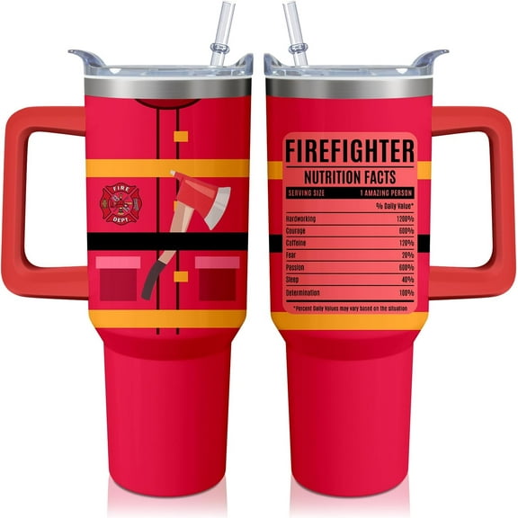 40oz Firefighter Tumbler with Handle and Straw, FireMen Insulated Stainless Steel Cup, Travel Coffee Mug Water Bottle, Graduation Gifts for Women Men