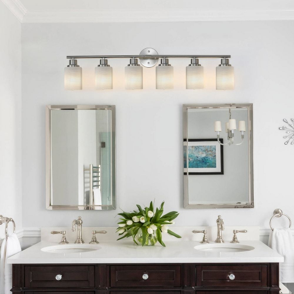 ACE-LIGHTS,Modern 6-Lights Vanity Bathroom Mirror Light with Frosted White Glass(Bulbs Not Included),Contemporary Wall Sconce for Bathroom,Dressing Room,Bedroom,Living Room(Brushed Nickel)