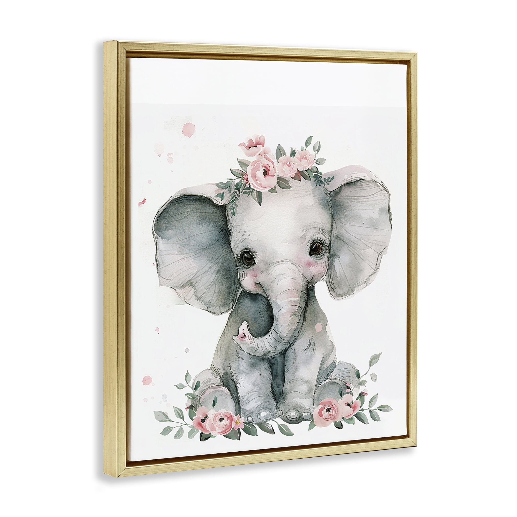 Stupell Industries Nursery Floral Elephant Animals Painting Gold Floater Framed Canvas Art Print Wall Art, 25 x 31