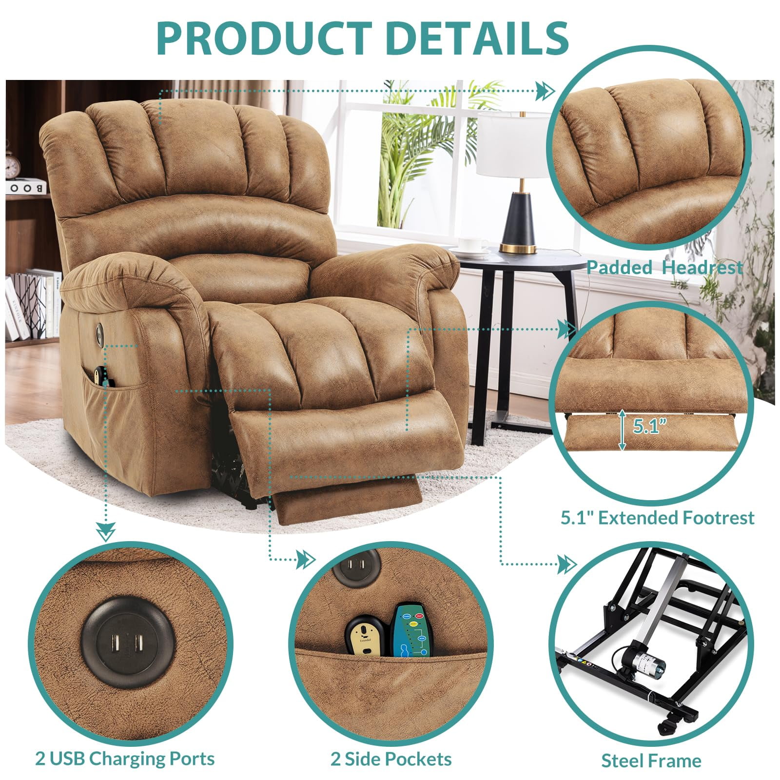 MEETWARM Large Power Lift Recliner with Side Pocket and USB Ports, Sand