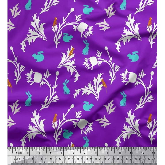 Soimoi polyester Crepe Fabric Leaves,Floral & Rabbit Animal Decor Fabric Printed Yard 52 Inch Wide
