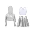 thumbnail image 3 of Hansber Kids Girls Hip Hop Dance Outfit Shiny Metallic Cropped Hoodie Sweatshirt Sports Bra and Skirt Set Silver White 12, 3 of 6