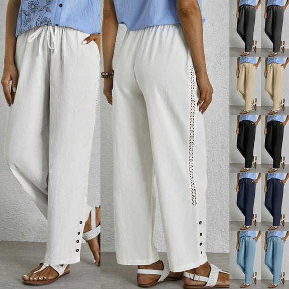 ZZwxWA Womens Straight Slim Linen Capri Pants with Drawstring Solid Color Pants, Summer Fashion Trousers with Pockets