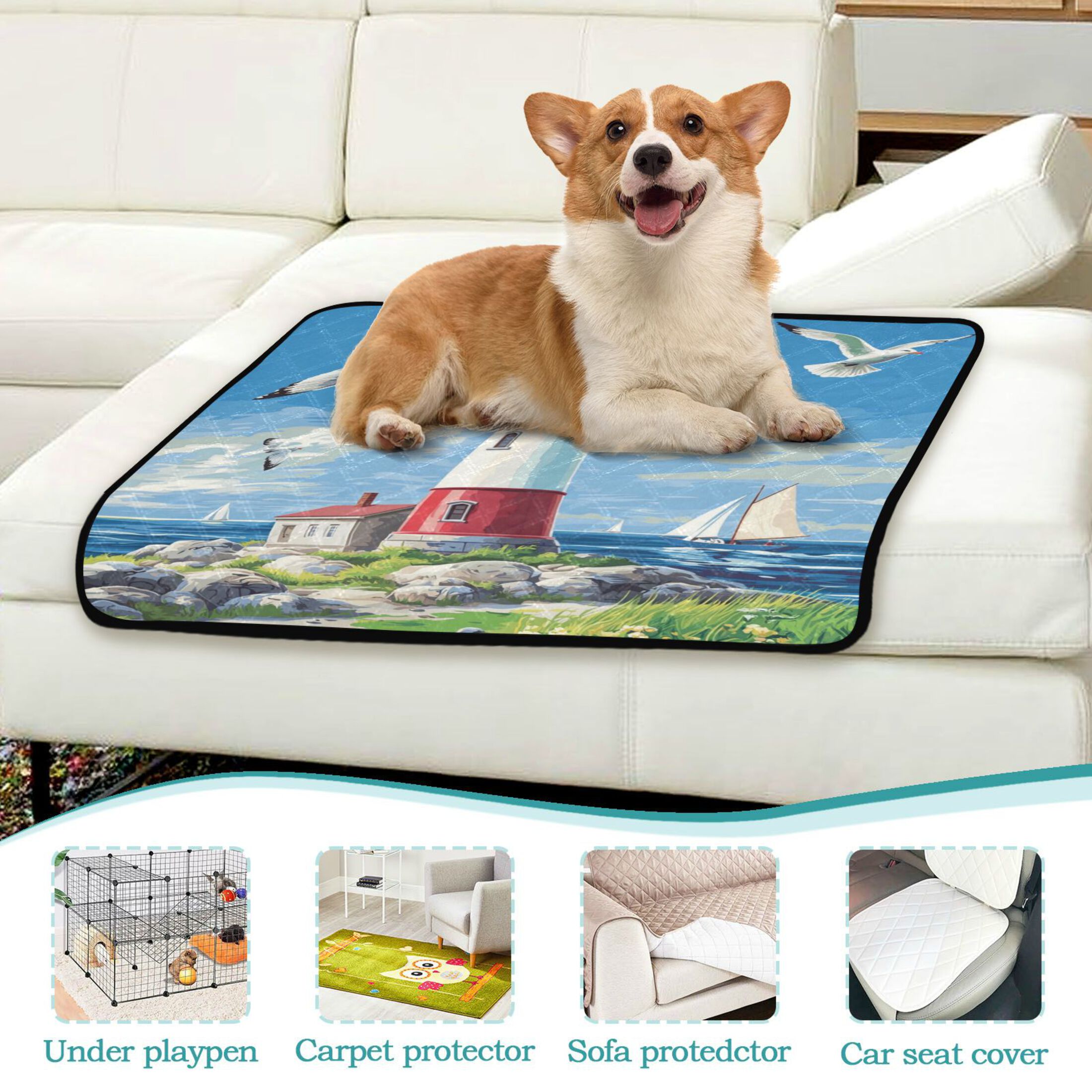 Qxltty Coastal Lighthouse Cat litter Pads Pet Set of 3 Diaper Mats Center Anti-leakage Layer Absorbent Soft and Comfortable