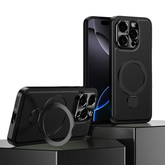 ELEHOLD PU Leather Case For iPhone 16e Shockproof MagSafe Compatible Cover, with 360° Rotatable Ring Kickstand, Alloy Camera Lens Protection, Black