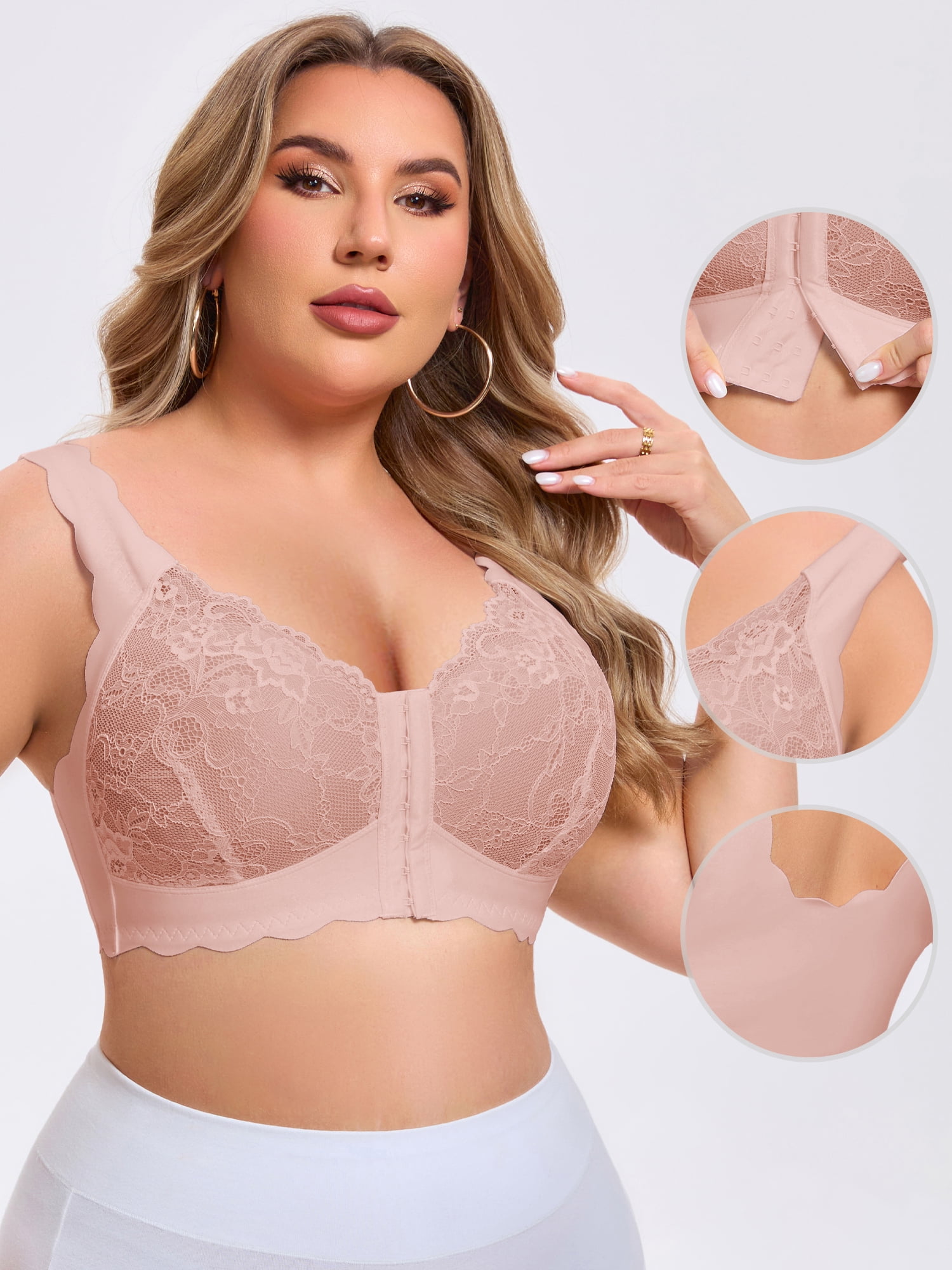 DARING DIVA Women's Front Closure Lace Bra Deep U Wire-Free Floral Bralette F 46 Beige