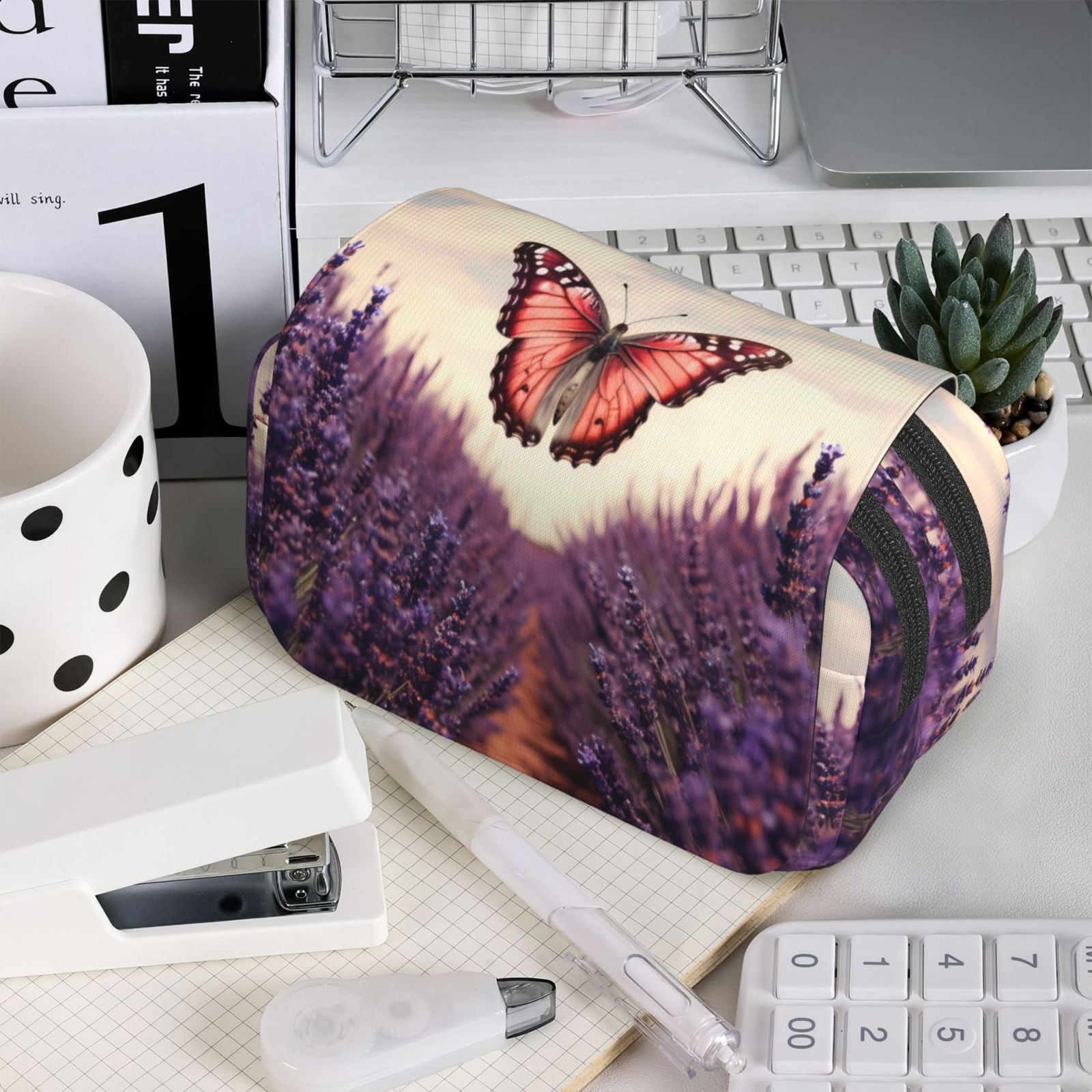 Rateoe Butterfly Over Lavender Pattern Double Clamshell Pen Case, Storage Organizer with Two Zipper Compartments– Holds Up to 50 Pencils & Pens