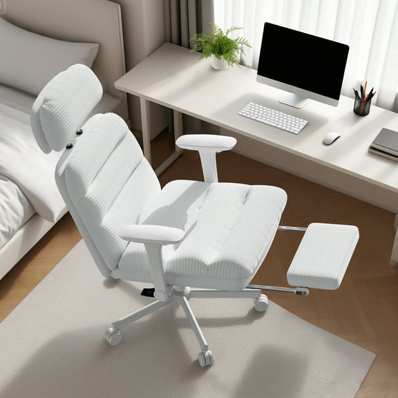 Solfway White Corduroy Office Chair with Footrest, Big and Tall Computer Desk Chairs with Adjustable Arms and Headrest 350lbs for Adults