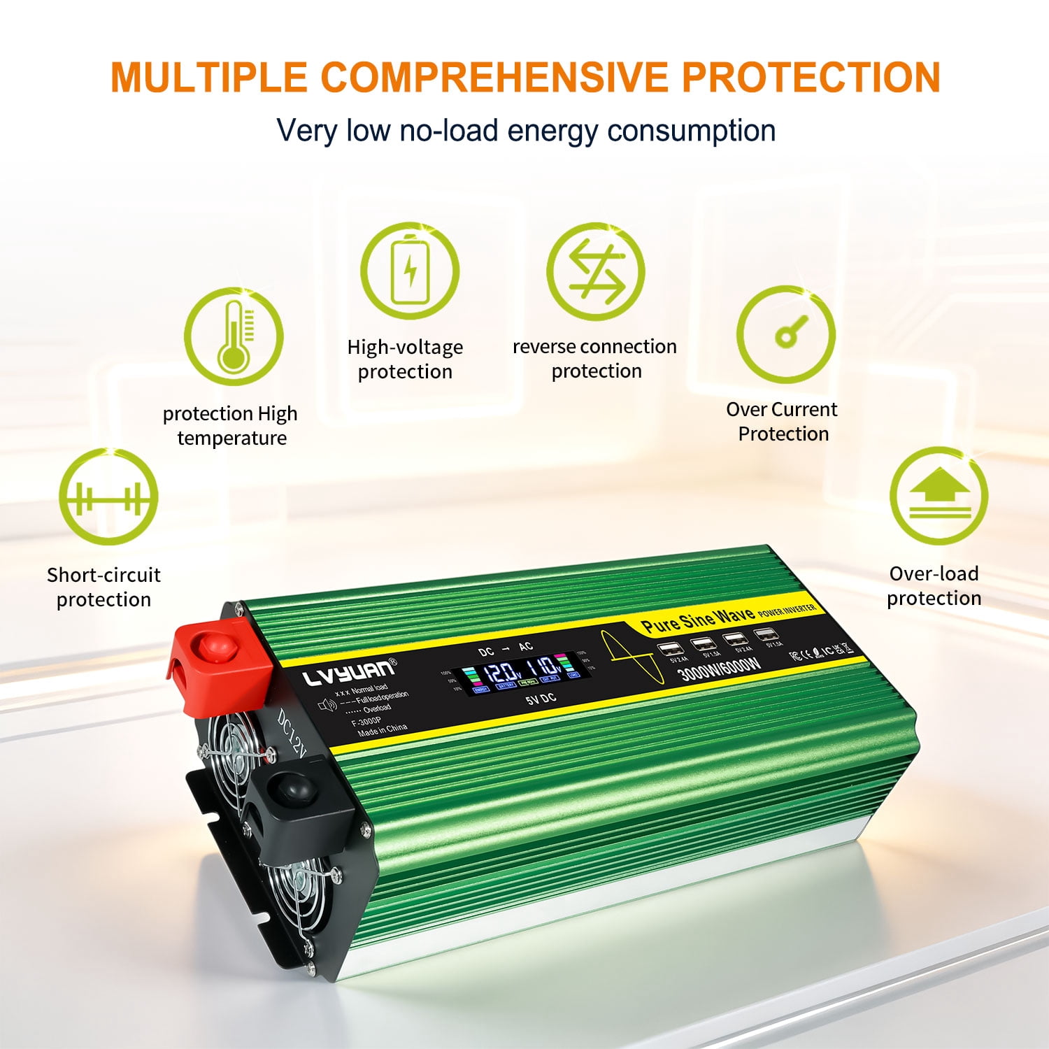LVYUAN 3000W Pure Sine Wave Power Inverter 6000W Peak DC 12V to AC 110V Car Converter with LCD Display, Remote Control, 4 AC & 4 USB Ports, for Car, RV, Truck, Camping, Off-Grid, Home Backup Green