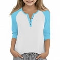 thumbnail image 1 of Cowsor Girl's Casual 3/4 Sleeve T Shirts Button V Neck Tunic Blouses Color Block Basic Tee Tops Loose Fit Summer Shirt, 1 of 6
