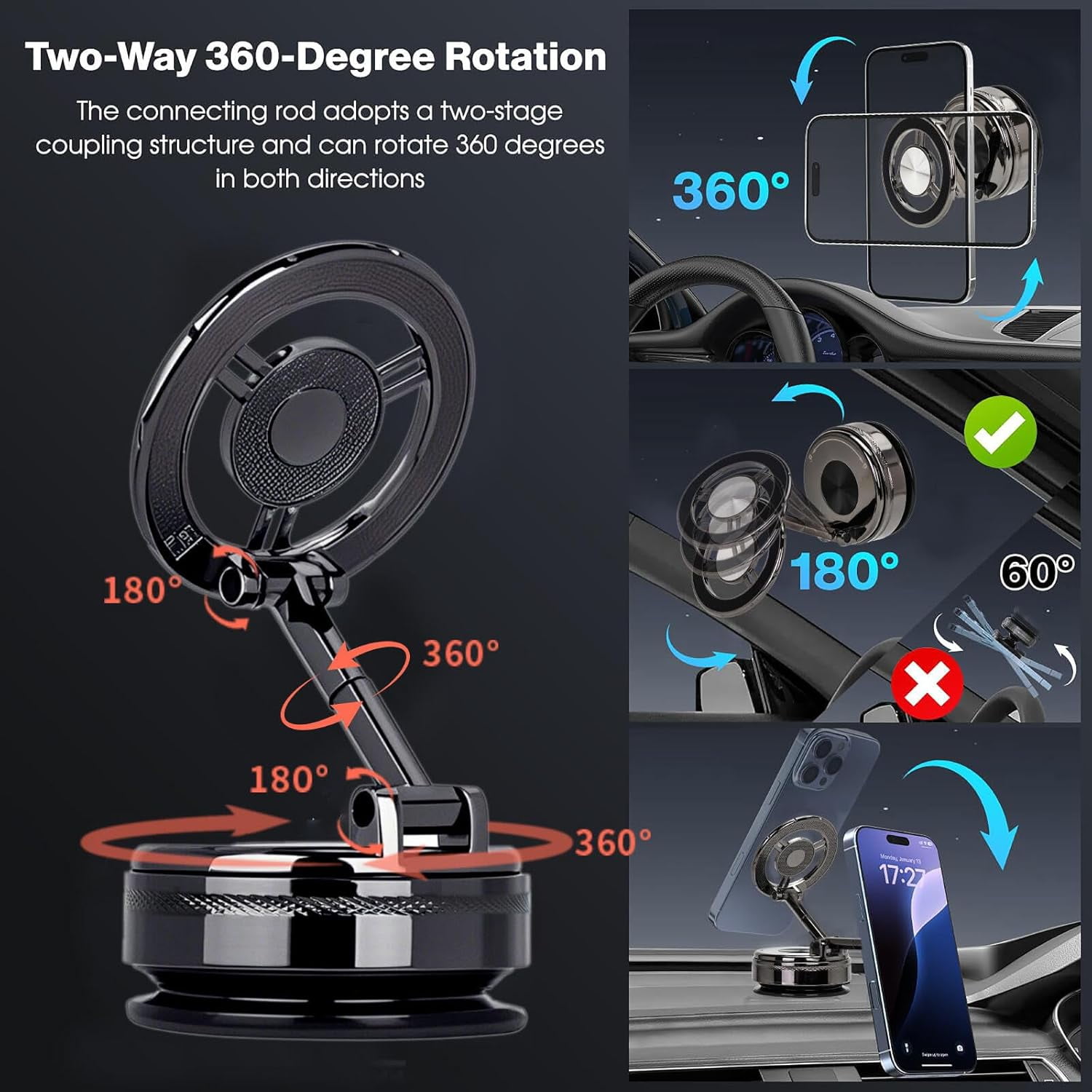 Sasiedom for Magsafe Car Mount, 360° Vacuum Magnetic Car Phone Holder, Suction Cup Phone Mount & 2400gf Magnet for iPhone Android, Universal Phone Mount for Car/Gym/Mirror
