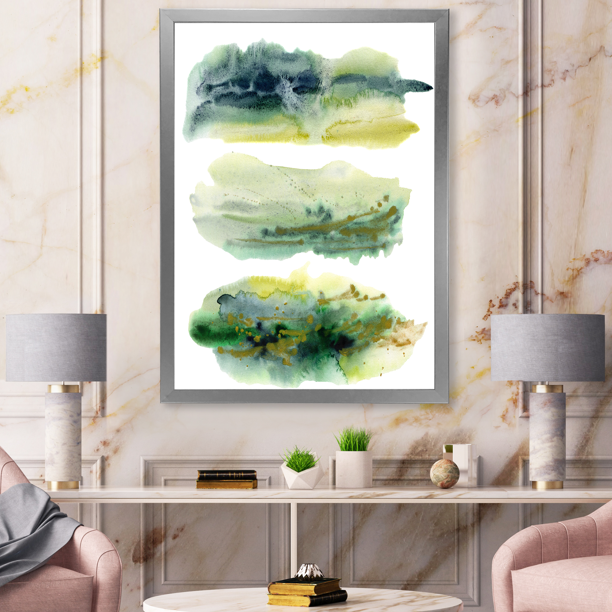 Designart 'Golden Green Abstract Clouds I' Modern Framed Art Print