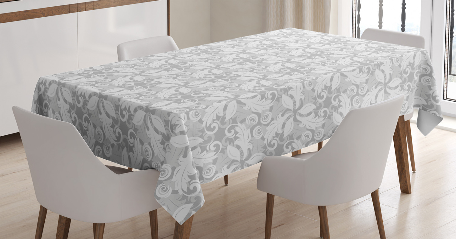 Grey Decor Tablecloth, Swirled Blossom Leaves Kitsch Exquisite Nature