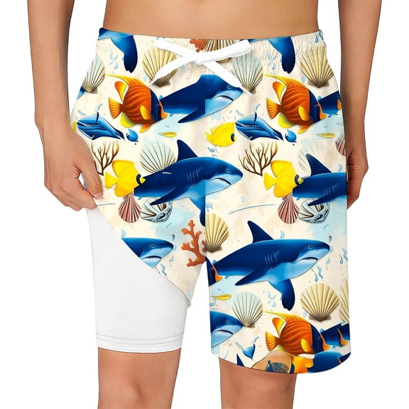 Gelikeya Kids Boys Swim Trunks Size 7-8 with Compression Liner Graphic Swimming Bottoms Elastic Waist 2 In 1 Swimwear Shorts for Pool Beach, Beige