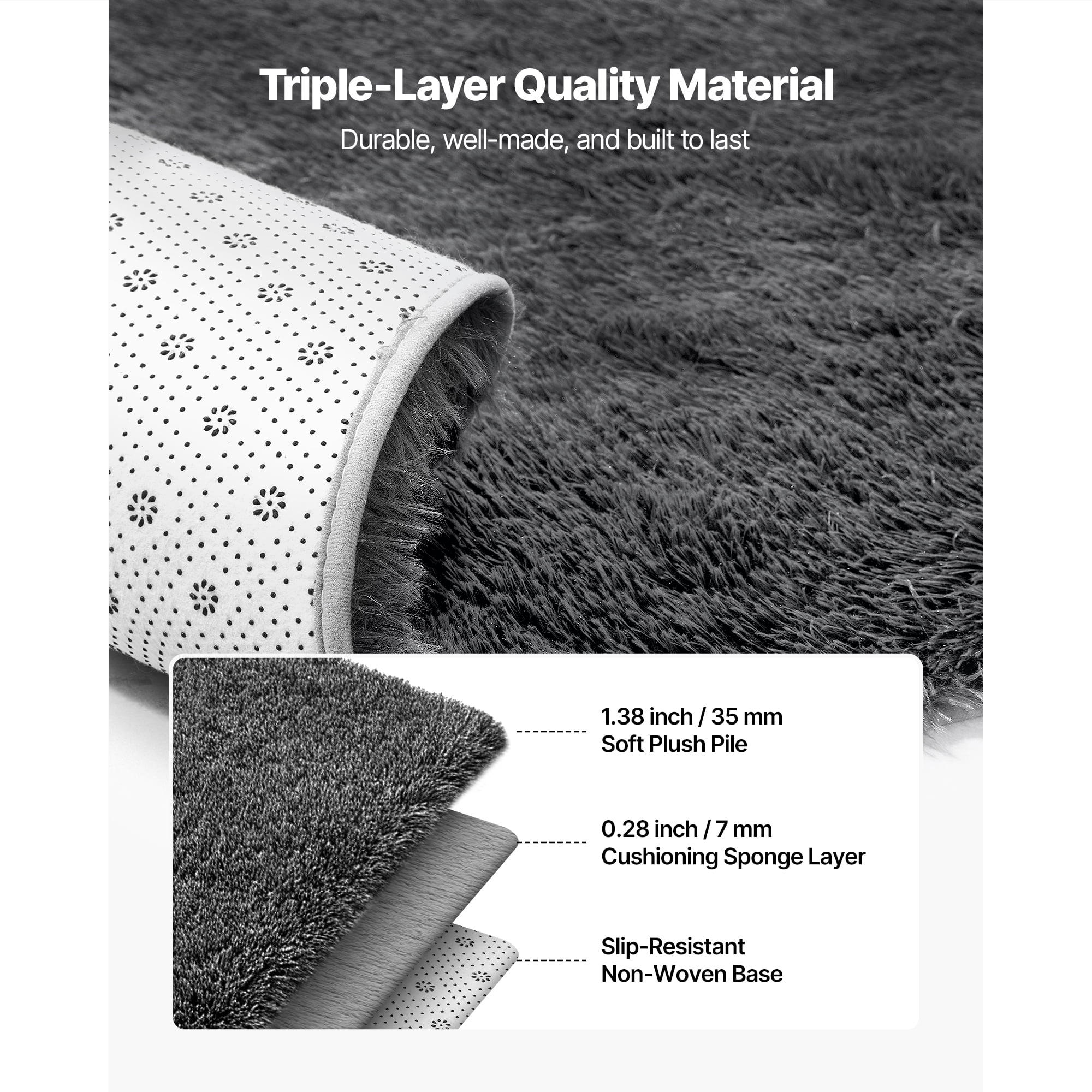 KFFKFF Indoor Plush Area Rugs, 5 x 8 ft Soft Shag Carpet, Furry Area Rugs for Living Room, Bedroom, Sunroom, Modern Home Decoration, Non-Shedding, Non-Woven, Anti-Slip, Dark Gray