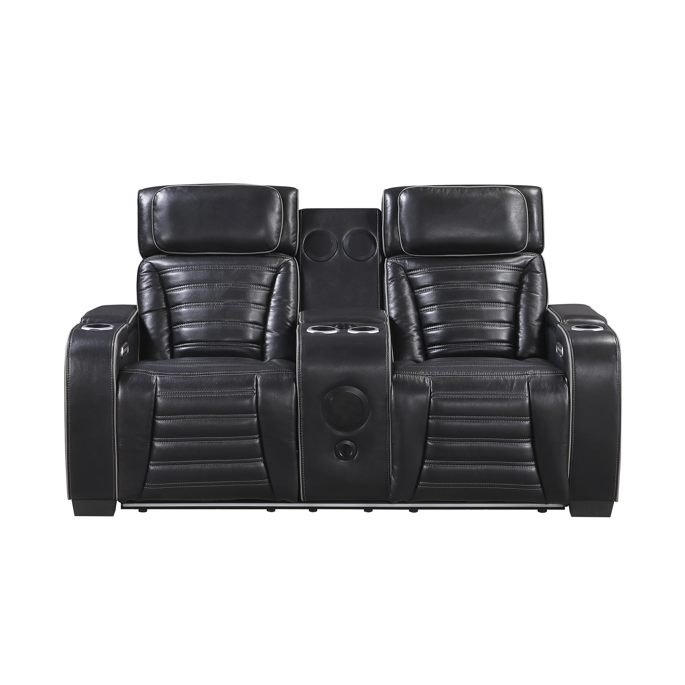 OakvillePark Elantra Leather Match Power Double Reclining Love Seat with Center Console/Power Headrests/Storage Arms/Cup Holders/Wireless speakers/Air Massage/Heat/LED Lighting/Charging Ports, Black