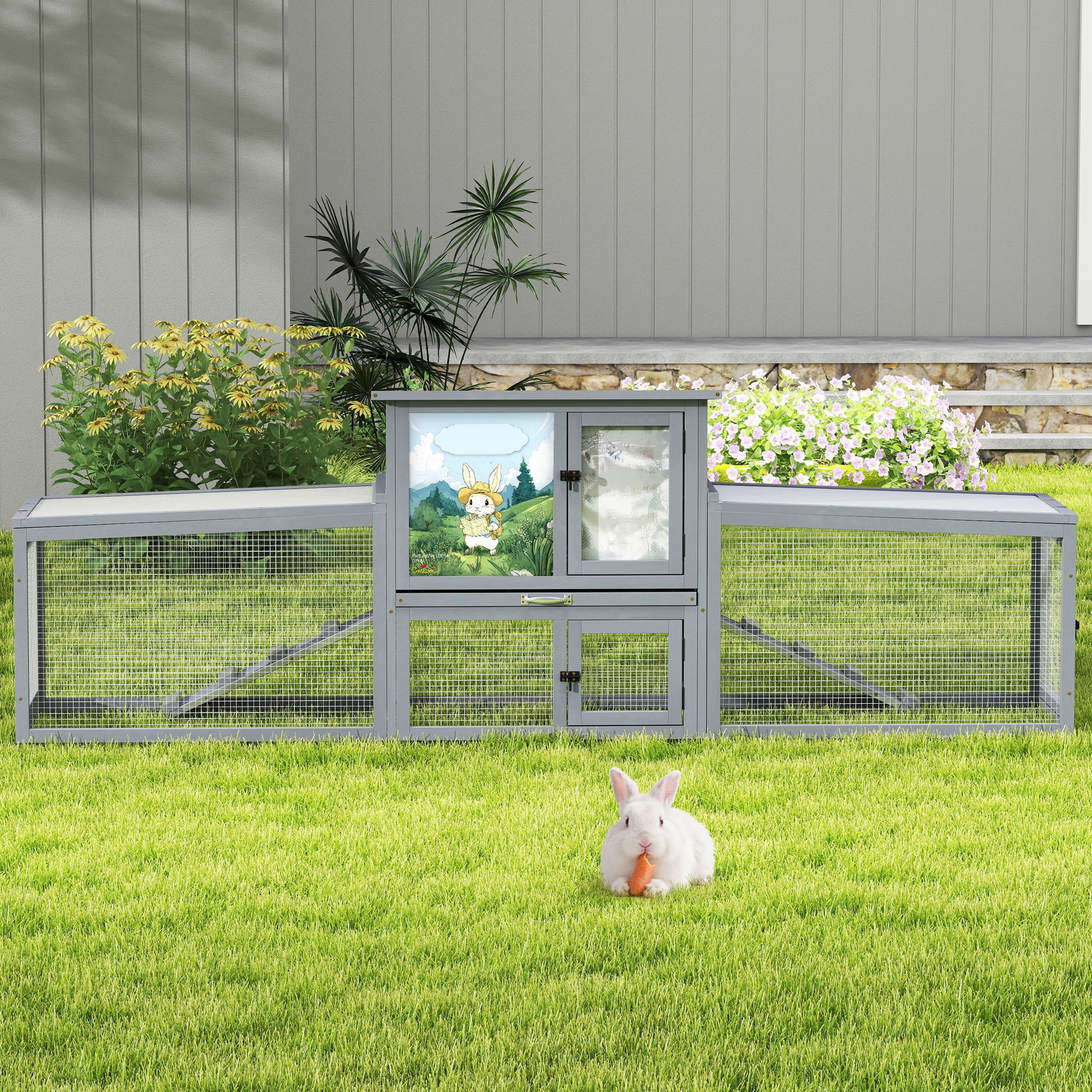 Insulated Outdoor Wood Rabbit Hutch Small Animal Enclosure House Pet Shelter Gray with Colorful Patterns