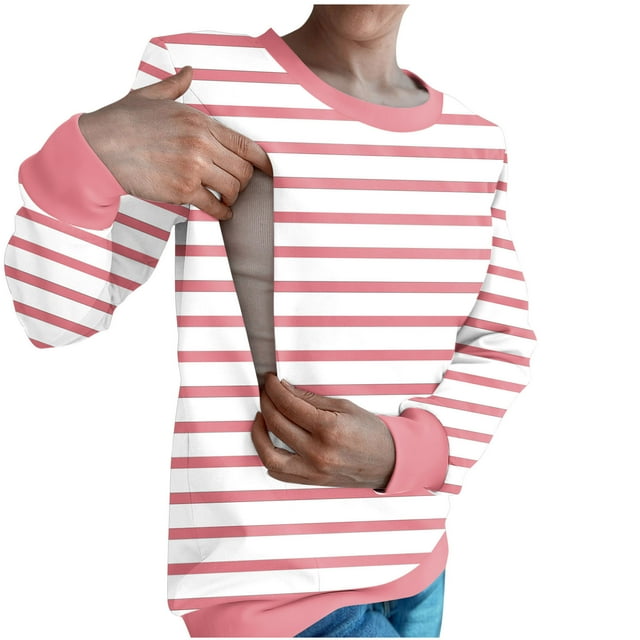 GreatBaby Hauts d'Automne et d'Hiver pour Femmes Tendance à Manches Longues à Col Rond Chandail à Capuchon d'Allaitement à Rayures à Contraste de Couleurs Blouses Confortables pour Garder au Chaud (Rose, 2TG)