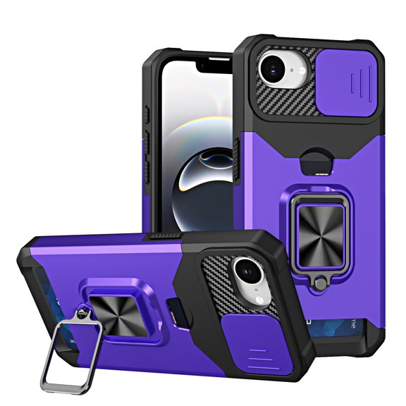 TECH CIRCLE for iPhone 16e Hybrid Rugged Case with Slide Camera Cover, Military Drop Protection Cover with Ring Stand & Card Holder, Shockproof Magnetic Drop Protective Cover,Purple