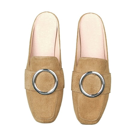 Mepaouo Loafers Mules for Women Square Toe Suede Leather Flat Shoes Slip On Walking Shoes