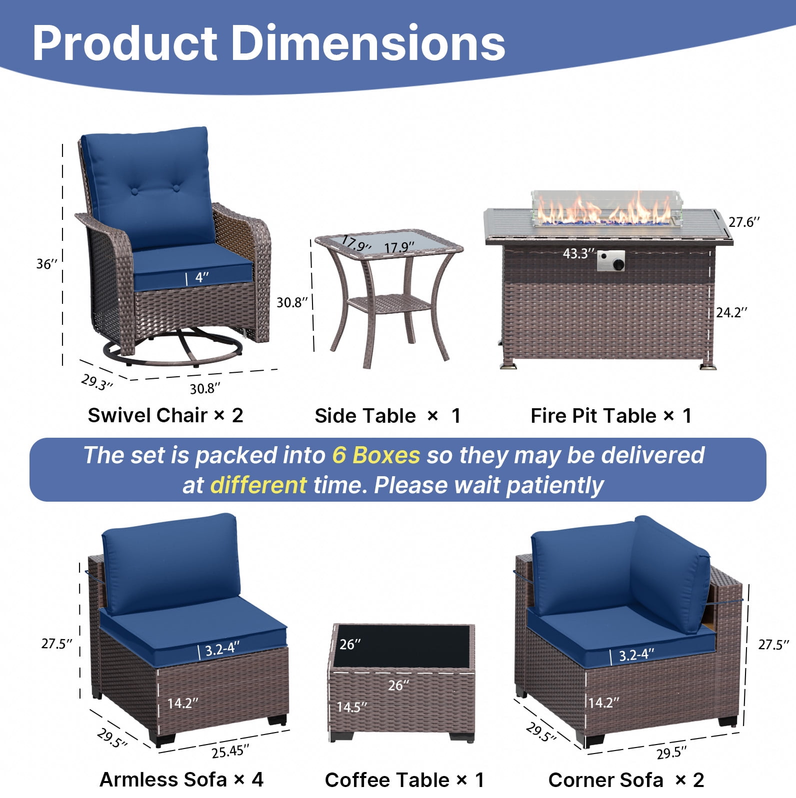 ALAULM 11 Pcs Patio Furniture Set with 2 Wicker Swivel Chairs & Stainless Steel Gas Fire Pit Table, Brown/Navy Blue