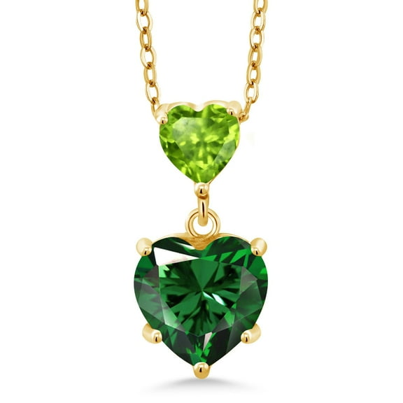 Gem Stone King 18K Yellow Gold Plated Silver Simulated Green Nano Emerald and Green Peridot Double Heart Pendant Necklace for Women (1.30 Cttw, Heart 8MM and 5MM, with 18 inch Silver Chain)