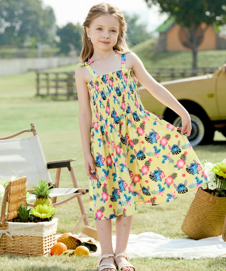 Disney Girls Dresses Stitch Hawaiian Flower Floral Sundress Spaghetti Strap Birthday Summer Dress Toddlers Kids 3-4T