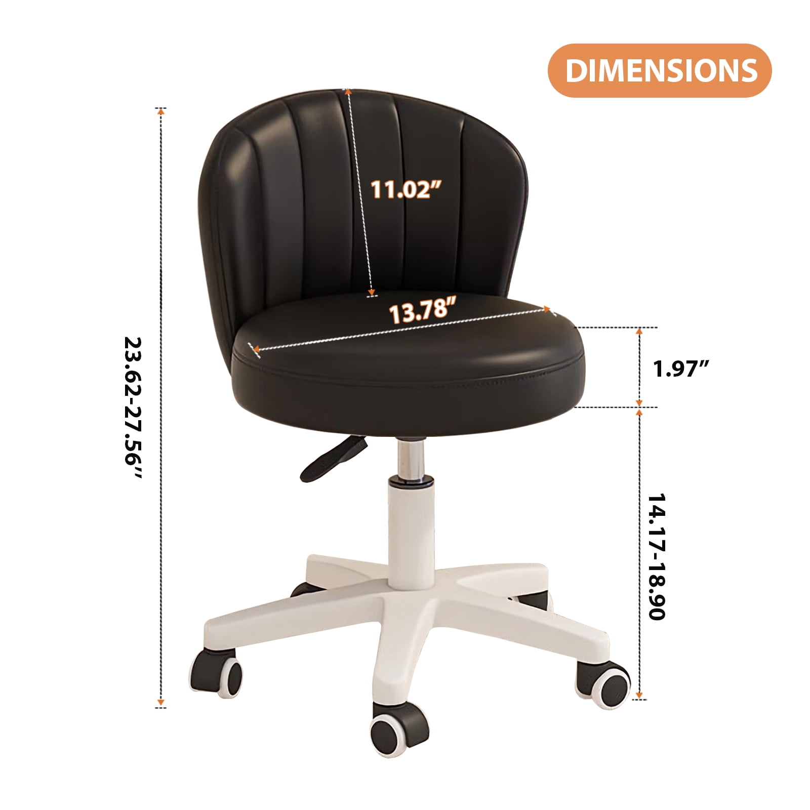 Small Round Rolling Chair with Back PU Leather Height Adjustable，Swivel Vanity Work Computer Stool for Girls and Women，Black