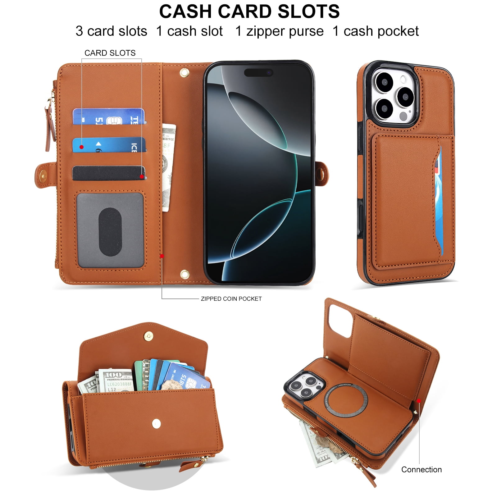 Designed for iPhone 15 Pro Multi-Function Wallet Phone Case,With Shoulder Strap&Wrist Strap,Cash Pocket&Card Slots,Zipper Purse,Magnetic Detachable PU Leather Flip Phone Case,Brown