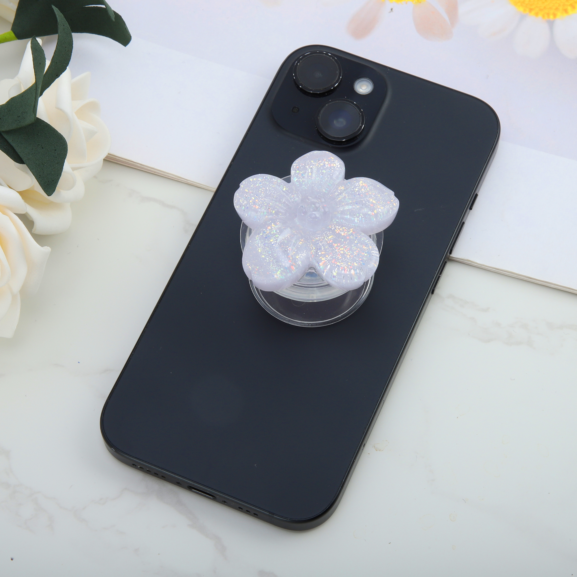 Unique Bargains Flower Morandi Glitter Phone Grip 1 Pc Purple