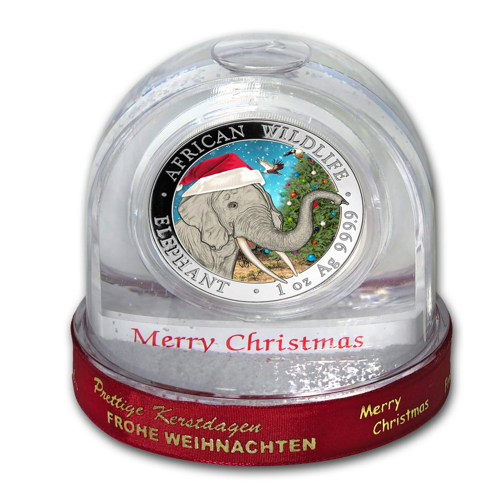 2022 Somalia 1 Oz Silver Elephant Christmas Issue In Snow Globe Bavarian Mint 2018 Somalia 1 oz Silver Elephant Christmas Issue in