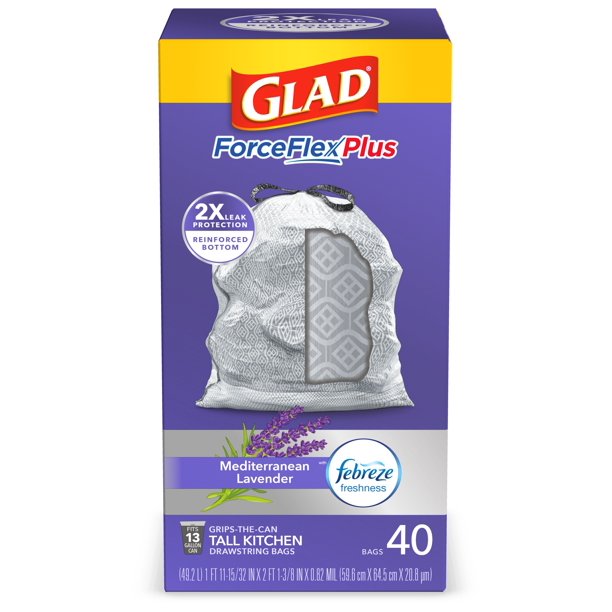 Glad ForceFlexPlus Tall Kitchen Drawstring Trash Bags 13 Gallon Grey