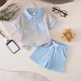 thumbnail image 2 of QUOTAY Boys Summer Outfits Striped Short Sleeve Button Down Collar Top with Shorts Versatile Casual Wear 2 Piece Set for Toddler 1-5y 03_Blue,4Y, 2 of 7
