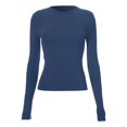 thumbnail image 5 of Huesdet Women's Slim Fit Going Out Crop Tops Casual Solid Color Crew Neck Long Sleeve Tight Tee Shirt Basic Streetwear(Navy,S), 5 of 6