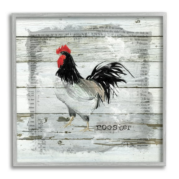 Stupell Industries Farm Country Rooster Rustic Pattern Book Collage Modern Painting Gray Framed Art Print Wall Art, 12 x 12, Design by Carol Robinson