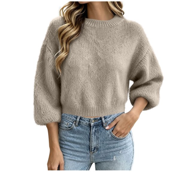 Dnhxils Sweaters for Womens Long Sleeve Cropped Pullover Sweaters for Women Ladies Trendy Cute Fall Winter Clothing Khaki XXL