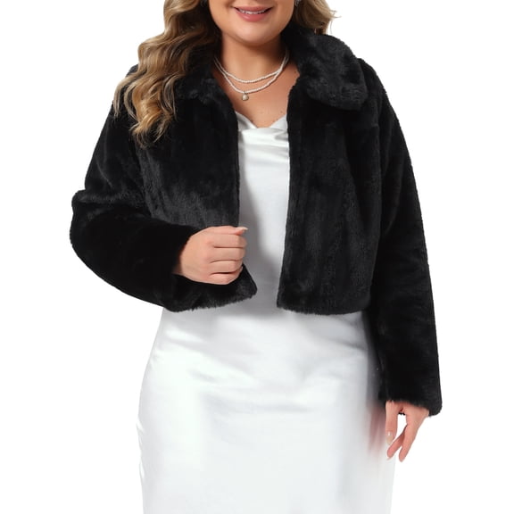 Agnes Orinda Women's Plus Size Cropped Faux Fur Jacket Lapel Collar Open Front Long Sleeve Soft Fluffy Coat Warm Elegant Wedding Outerwear 1X Black